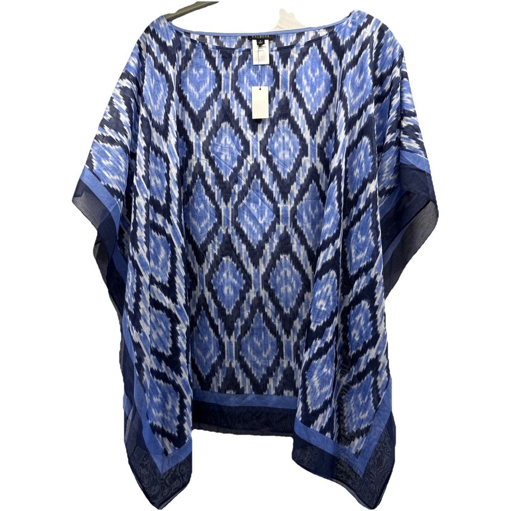 NWT Talbots Silk Blend Top‎ Size S Blue White Pullover Semi Sheer Kimono Sleeve